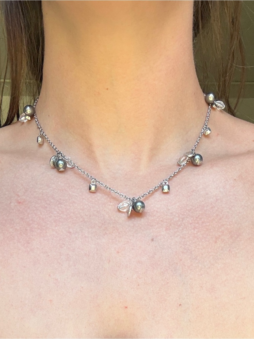 Stainless Steel DKNY Pearl & Crystal Charm Necklace